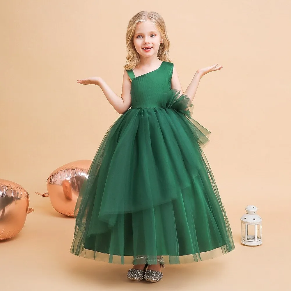 Girls high-end dark green flower girl dress, oblique shoulder mesh long dress, performance dress, girl piano host princess dress
