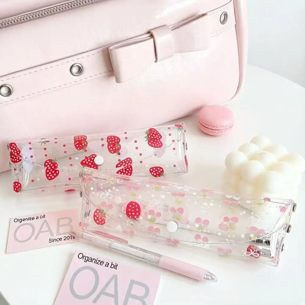 Simple PVC Pencil Case Transparent Snap-button Type Pen Bag Strawberry/Cherry Print Stationery Pouch School Office