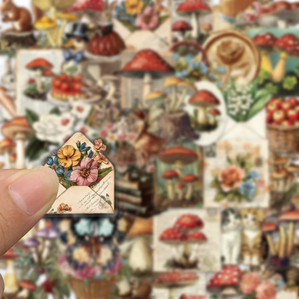 50pcs vintage mushroom stickers, suitable for decorating computers, diaries, storage boxes, waterproof PET stickers