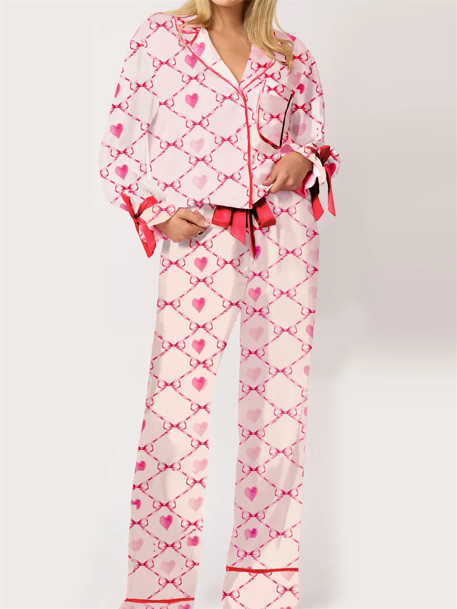 Women Valentine's Day Pajamas Set Cute Bow Tie Heart Print Silk Long Sleeve Shirt and Elastic Pants Set Satin Pjs Sleepwear