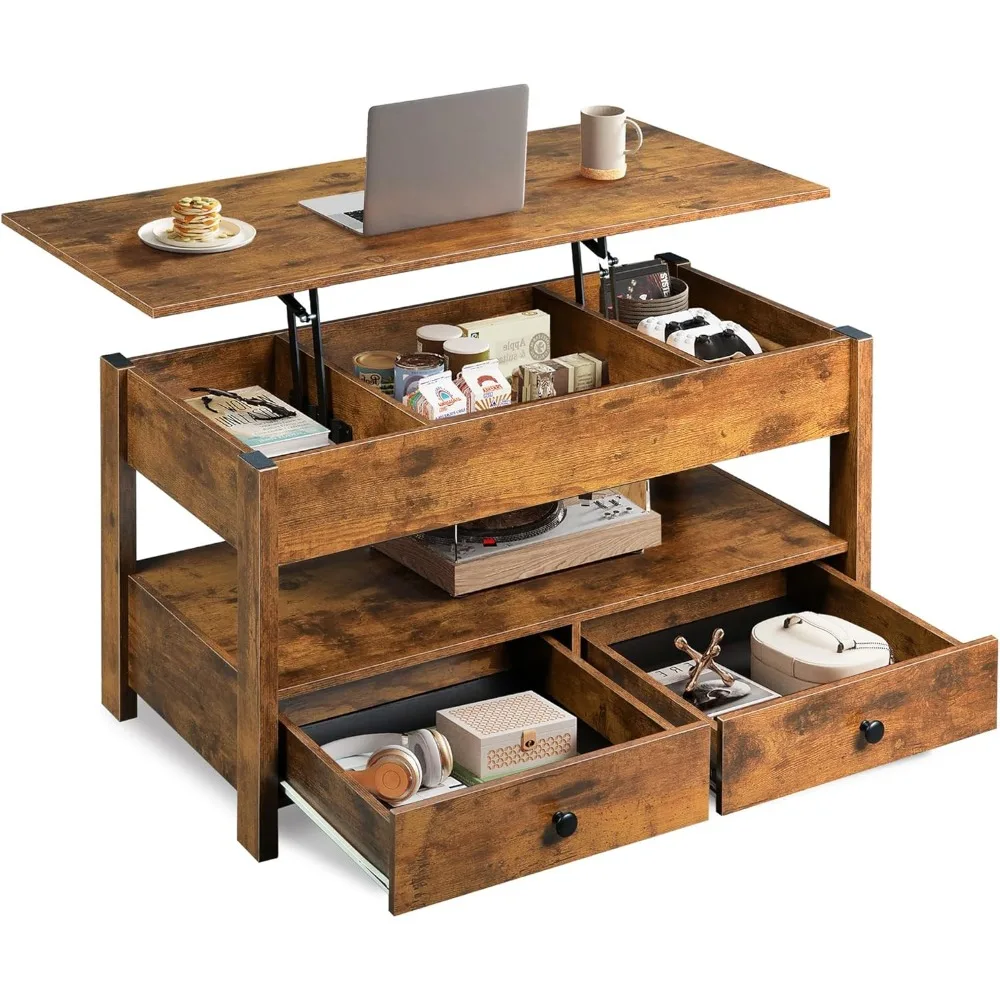 

Coffee Table, Lift Top Coffee Table with 2 Drawers, Large Hidden Compartment and Open Storage Shelf, Lift Tabletop, Dining