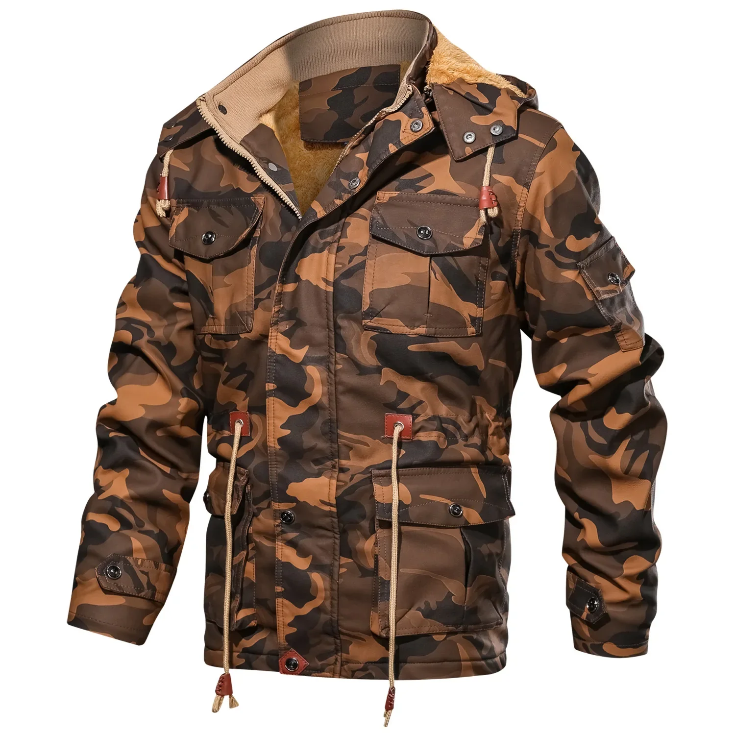 Men's Camouflage Leather Jacket with European and American Style European Size Plush and Thick Hood Medium Length Male Clothing