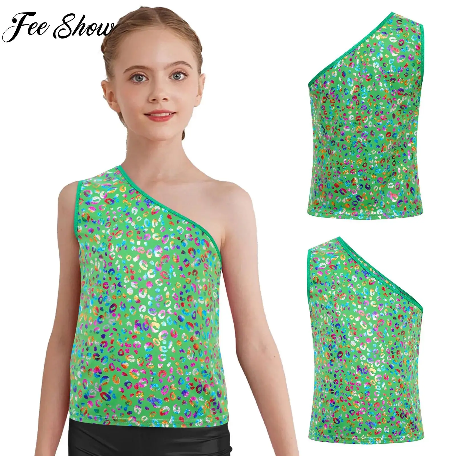 

Child Girls Cheerleading Stage Performance Costume Metallic Leopard Vest One Shoulder Sleeveless Tank Top for Hip-Hop Jazz Dance