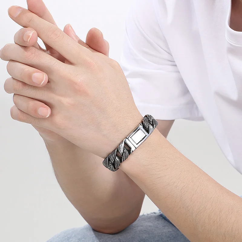 Kalen 19-21cm Long Stainless Steel Men\'s Bracelet Vintage Biker Party Fashion Jewelry Metal Polka Dot Chain Thick Accessories
