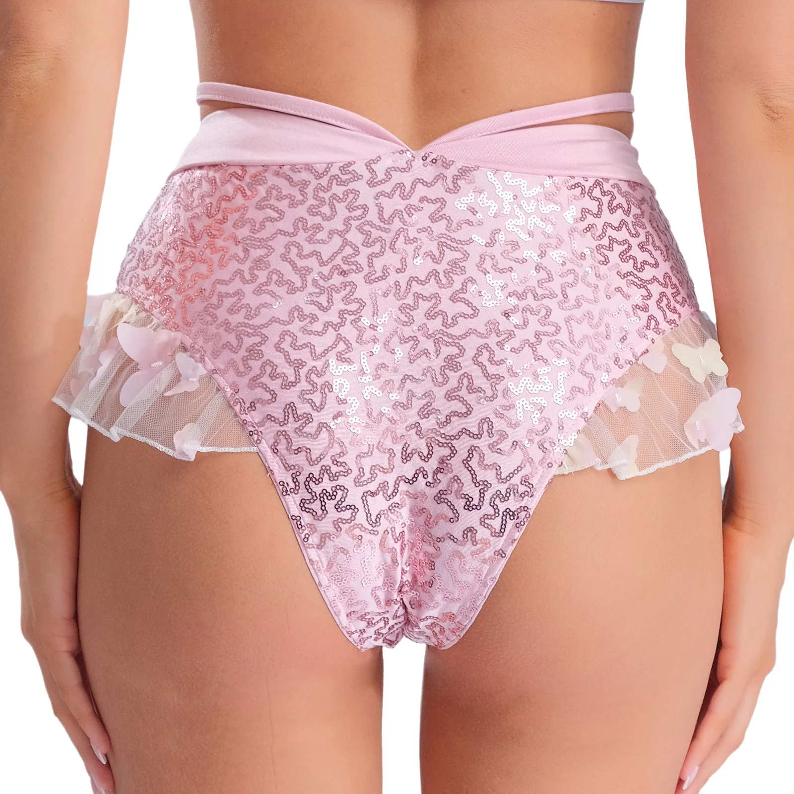 Womens Sparkly Sequins Briefs Low Rise Ruffle Mesh Butterfly Panties Underwear Role Play Rave Party Pole Dancing Night Club Wear