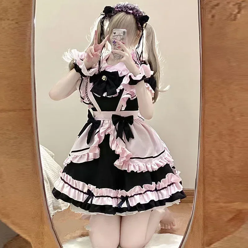 

2025 French Cute Black And Pink Lolita Dress Maid Outfit Cos Sweet Girly Cat Bow Suit Birthday Prom Dresses Girl Summer Dress