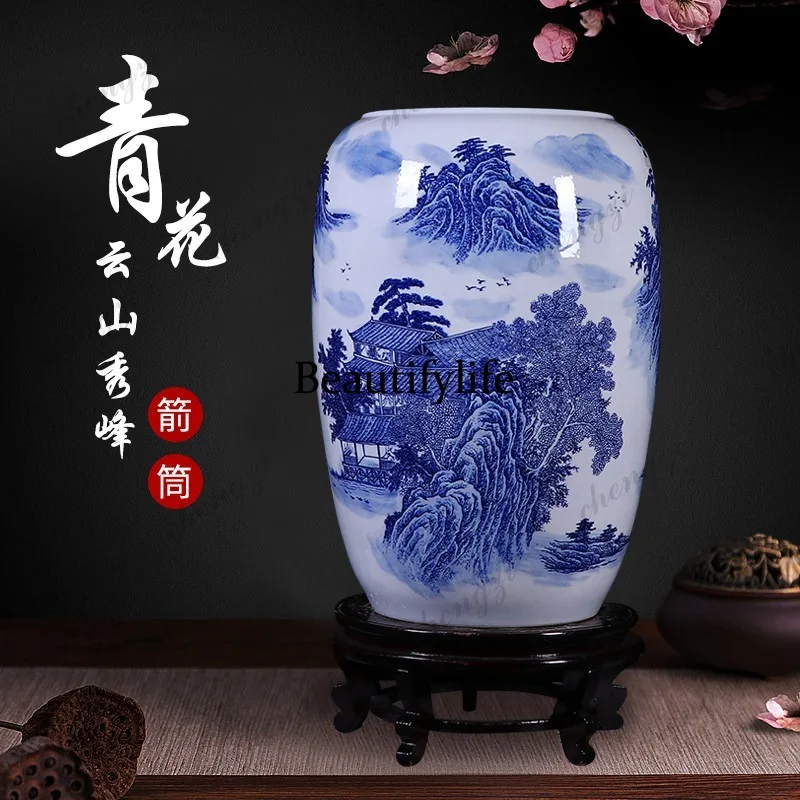 Ceramic vase blue and white landscape quiver scroll cylinder Chinese living room study large ornament