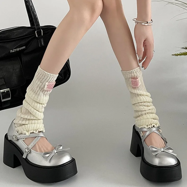 Silver High Heels Platform Pumps Women 2024 Autumn Bowknot Cross Strap Mary Jane Shoes for Woman PU Leather Thick Heel JK Shoes