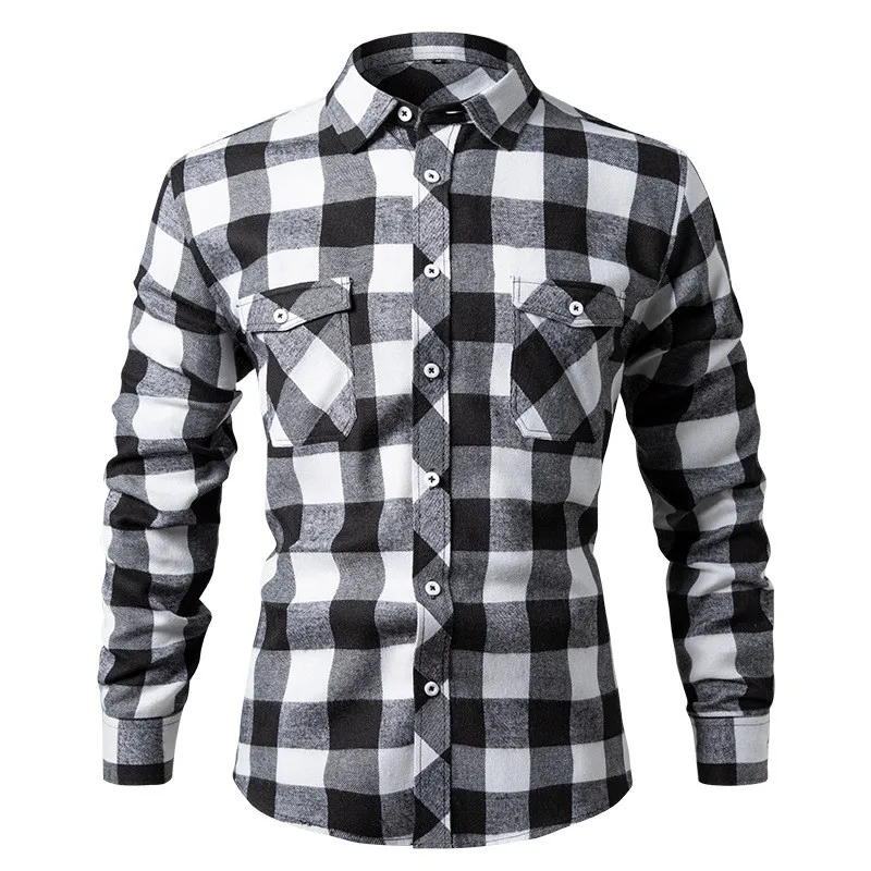 

New Arrival Men's Brushed Plaid Lapel Shirt With Double Pockets Loose Casual Shirt Jacket Male Daily Wear Button Down Outerwear