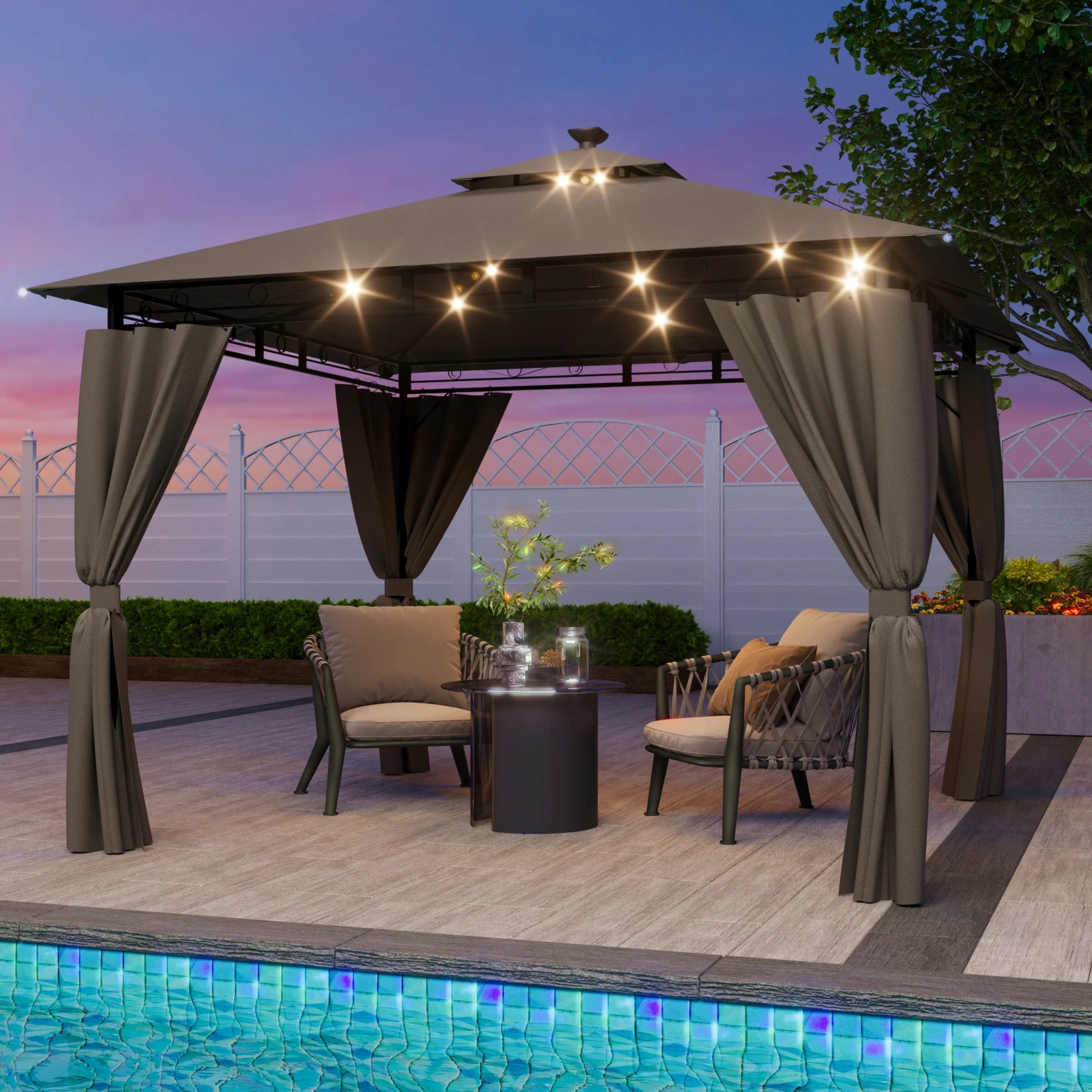 Devoko Devoke Tuinpaviljoen 3x3m waterdicht Luxe Prieel met LED-verlichting Vliegtuig Feesttent Metalen frame Tuinhuisje