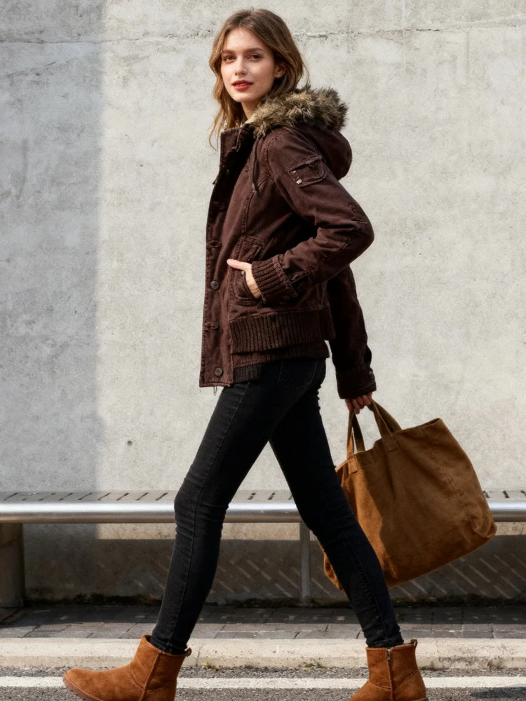 

Винтажная плюшевая куртка с капюшоном, женская повседневная модная тонкая однобортная куртка из искусственного меха, пальто, женская зимняя уличная верхняя одежда 2025 г.