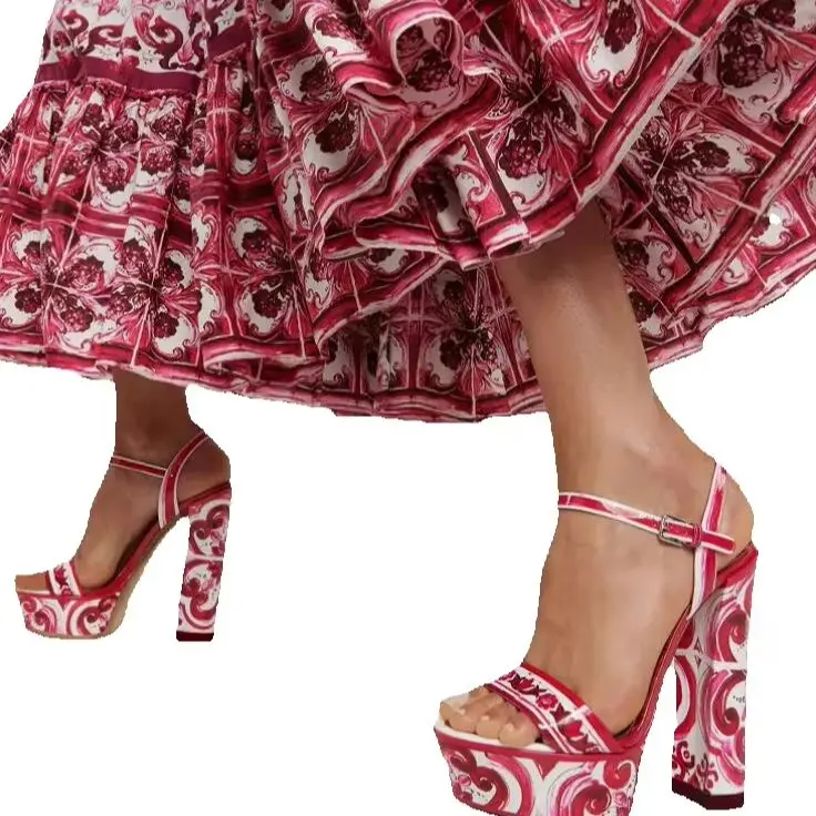 Blue Red Porcelain Waterproof Platform 14cm Chunky Heels Sandals Women Open Toe High Heels Buckle Strap floral Vacation Shoes