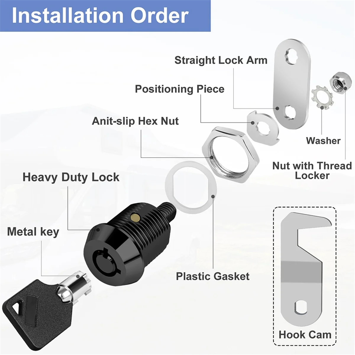 Black Tool Box Lock with Key,Same Key Cabinet Lock,Hook Cam,Tubular Cam Lock,Zinc Alloy,RV LOCK CM1917 CM1930 1-1/8-Inch