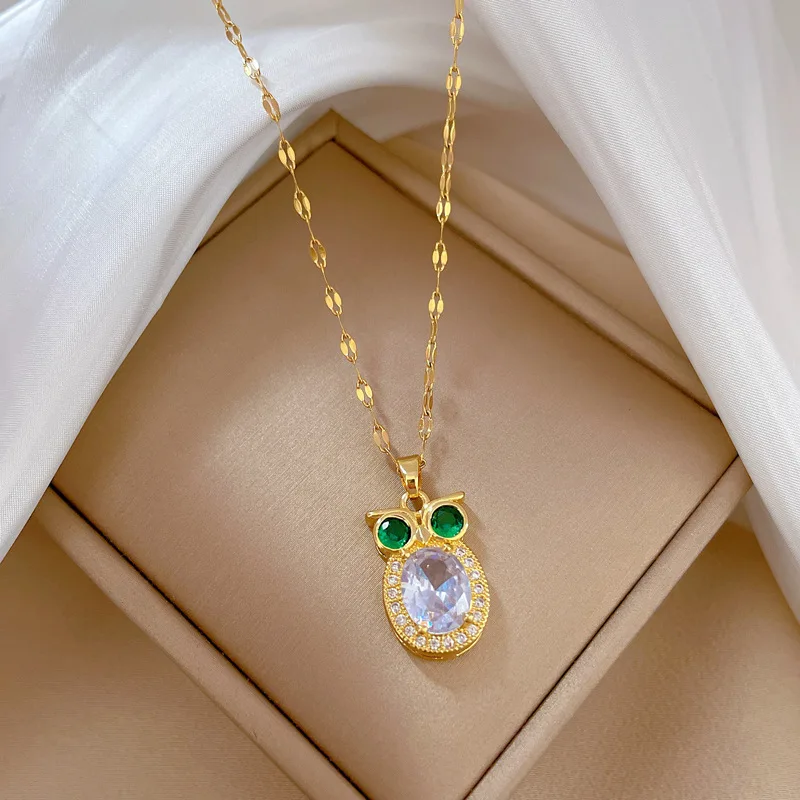 Stainless Steel Chain Classic Bling Cute Zircon Owl Pendant Necklace for Women Lady Lovely Owl Jewelry Accessories Gifts
