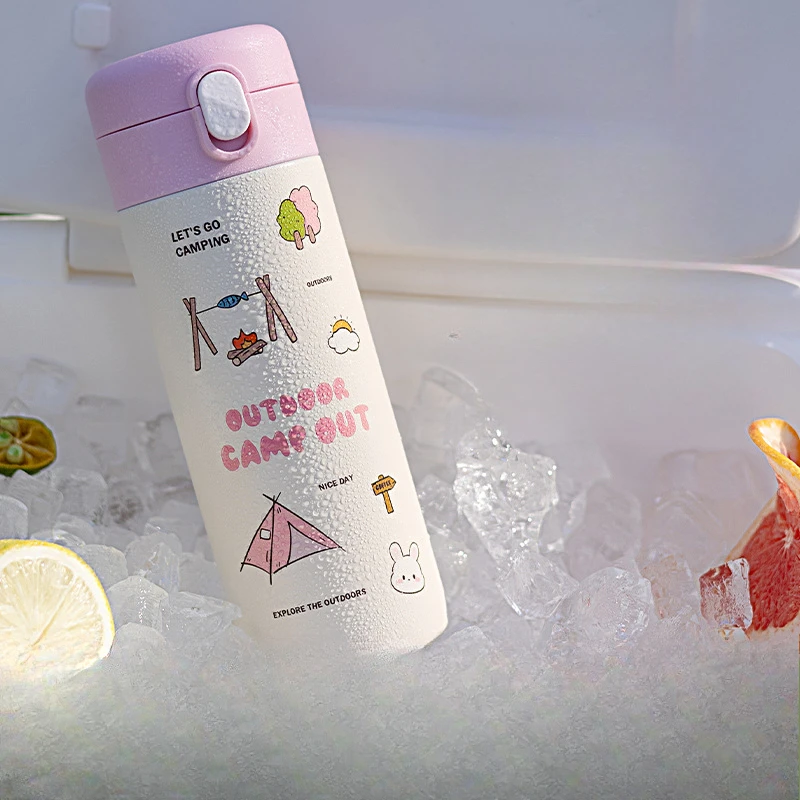 380ml Cute Camping Print Insulated Water Bottle, 304 Stainless Steel Bouncing Cup for Kids Outdoor Travel