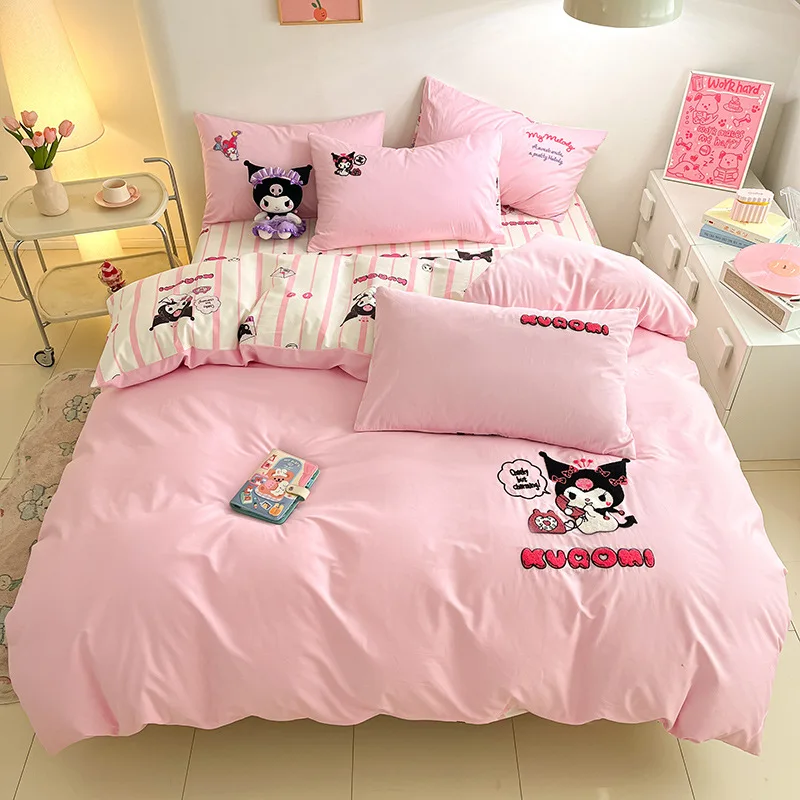 New Cartoon Kulomi Cotton Four-piece Quilt Set Cute Girl Heart Sanrio Sheet Three-piece Children's Cartoon Bed Accessories