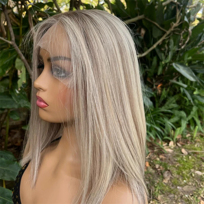 Ombre Ash Blonde Wig Straight Synthetic Lace Front Wig For Women Synthetic Hair Natural Hairline Lace Wig Cosplay Ready to Wear