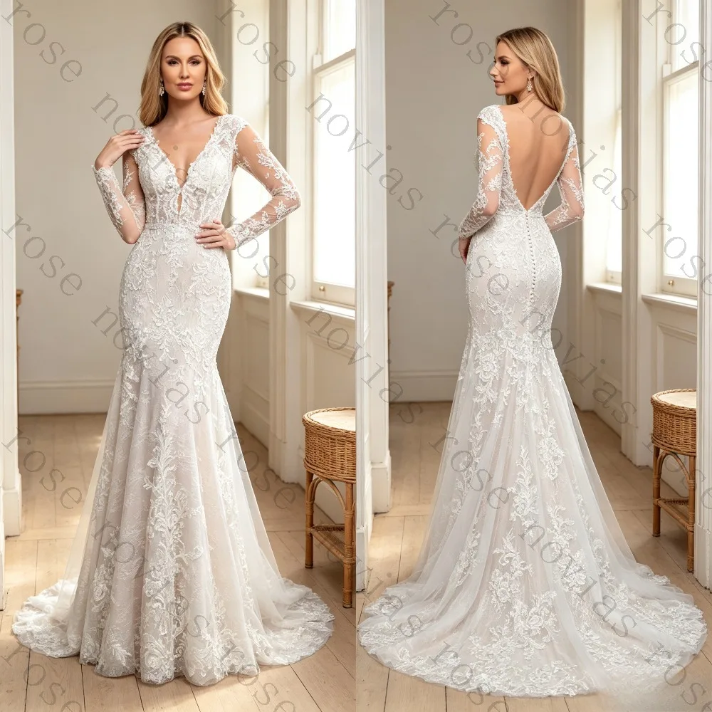 Customized White Lace Mermaid Wedding Dress with Deep V-Neck and Cap Sleeves Elegant Sheer Bodice Bridal Gown with Court Train