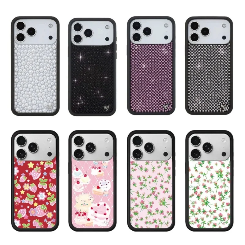 Etui na telefon z motywem dzikich kwiatów, w kolorach różowym, czarnym i białym, z diamentowym, błyszczącym wzorem, do iPhone 18 Pro Max, 13, 14, 15, 16, 17 Pro Max Plus, z perłowym, brokatowym wykończeniem.