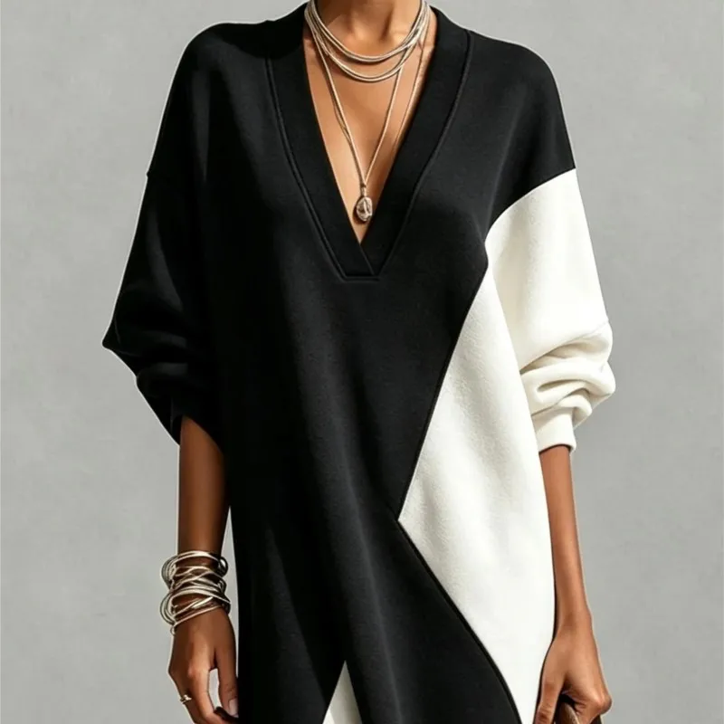 Elegant Women's Black White Colorblock Dress Autumn New Fashion V Neck Long Sleeve Loose Dresses Ladies Casual Vacation Vestidos