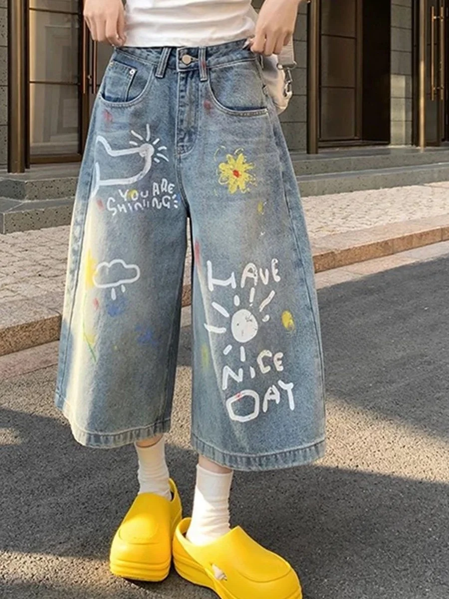 Graffiti Print Wide Leg Jeans Women's Summer Loose Conceal Versatile Commute Seven-Five Casual Denim Shorts Blue Polyester