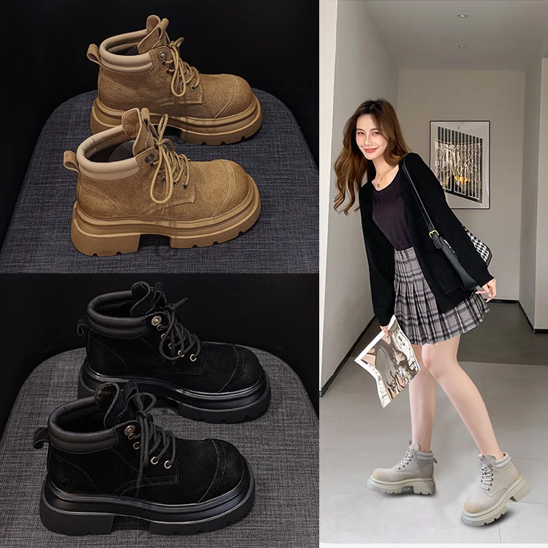 

Women's Boots Retro Short Boot Cowhide Nubuck Matte Leather Big Head Mid-Calf Work Boots British Style Summer High Heel