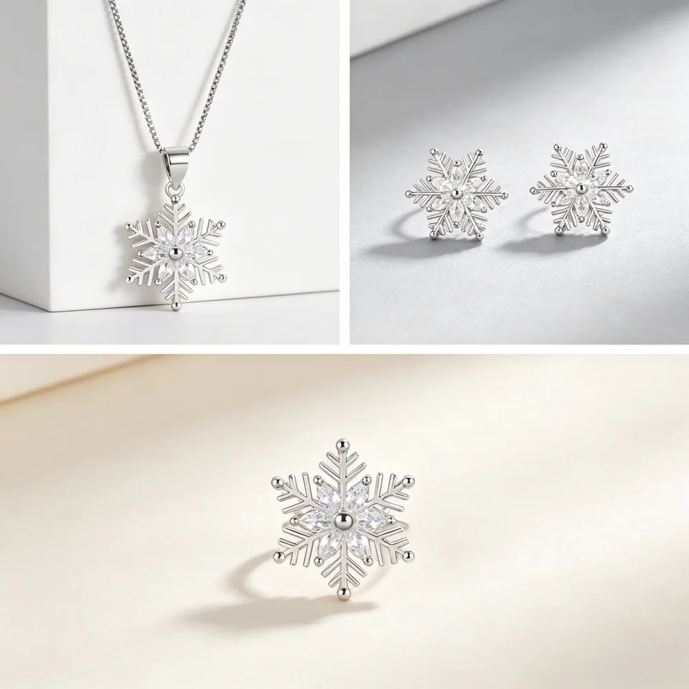 925 Sterling Silber Schneeflocken-Schmuckset Kristall-Halskette und Ohrringe für Damen Winter-Weihnachtsgeschenk