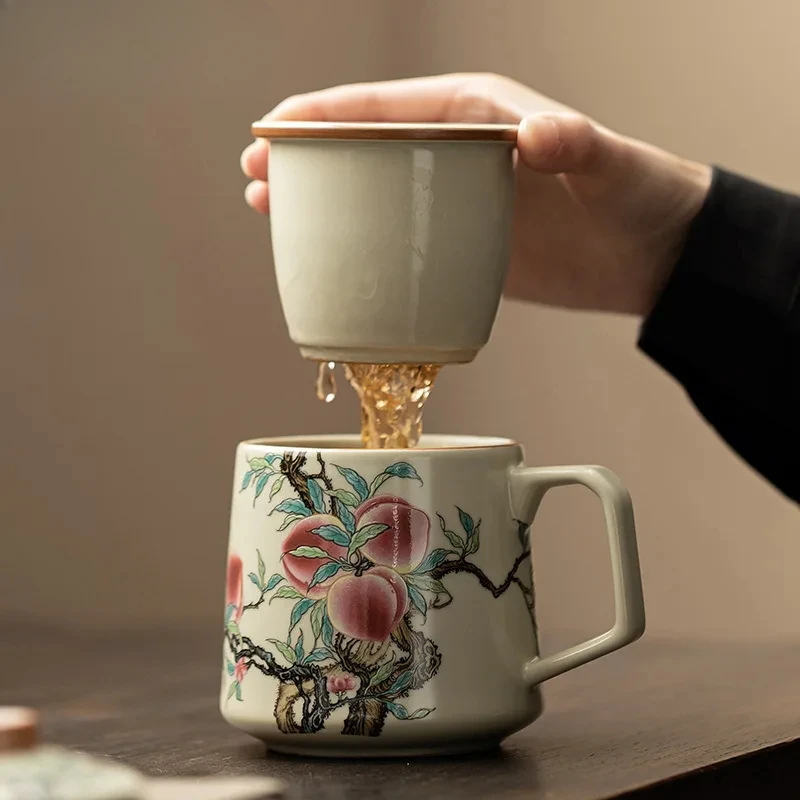 

400ml Chinese Ru Kiln Porcelain Filter Tea Separator Cup Nine Peach Office Work Cup Can Nourish Personal Handgrip Cups Drinkware
