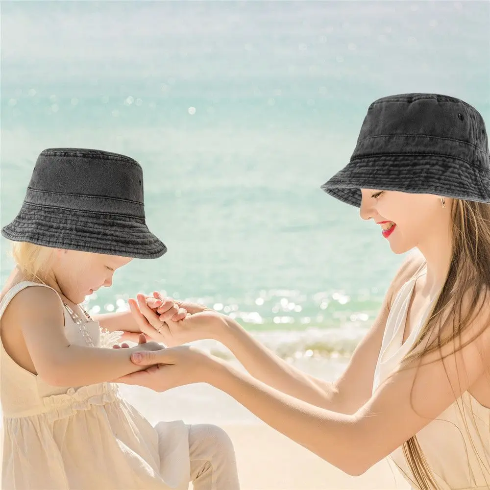 Washed Denim Wide Brim Sun Hat para crianças, boné de pesca de praia, Fisherman Bucket Hat, protetor solar ao ar livre, meninas e meninos