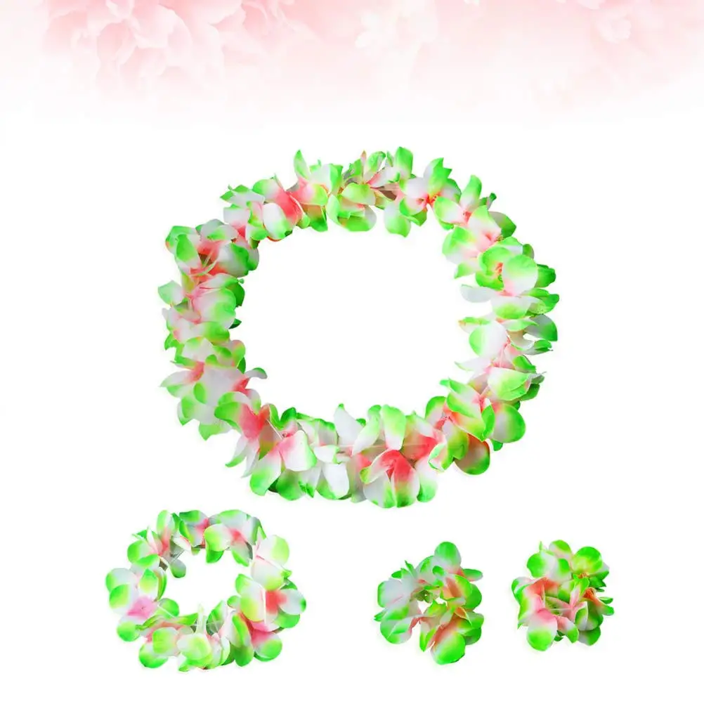 

4Pcs Hawaiian Flower Garland Ruffled Silk Floral Wreath Necklace Bracelets Set Summer Luau Party Headband Crown