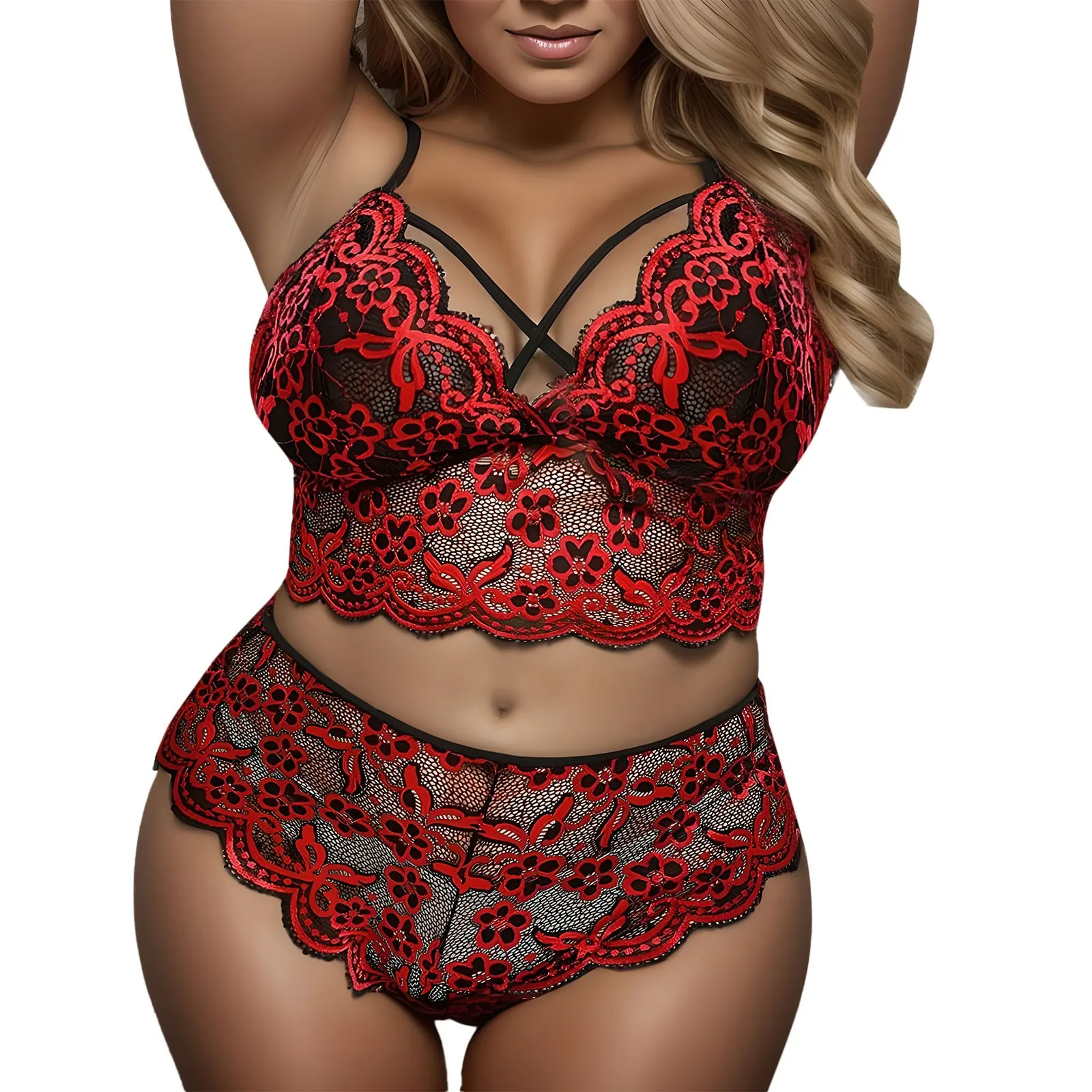 

Women Plus Size Sexy Lingerie Underwear Lace Floral Bra Panty 2 Piece Set Thin V Neck High Waist No Underwire Push Up Corset