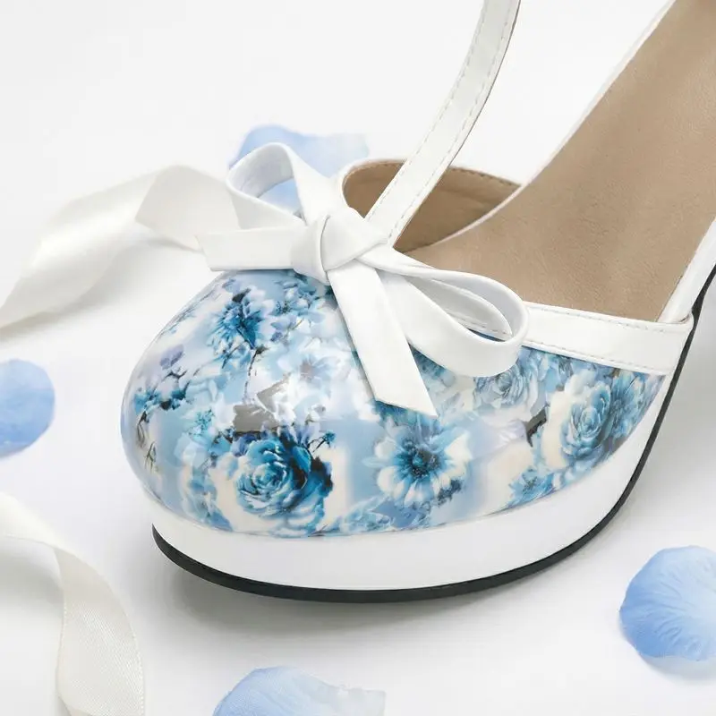 Girseaby Blue Women Sandals Round Toe 9cm Block Heel 2cm Platform Buckle Strap Flower Mixed Color Plus Size 44 45 46 Sexy Shoes view 5