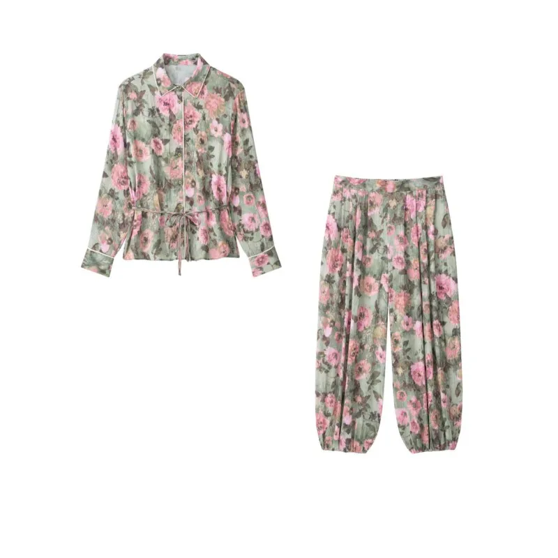 HipSeam Women's Winter Suit Set New 2026 Floral Print Shirt With Belt & High Waist Pleated Trousers Two Piece Set Women Outfit