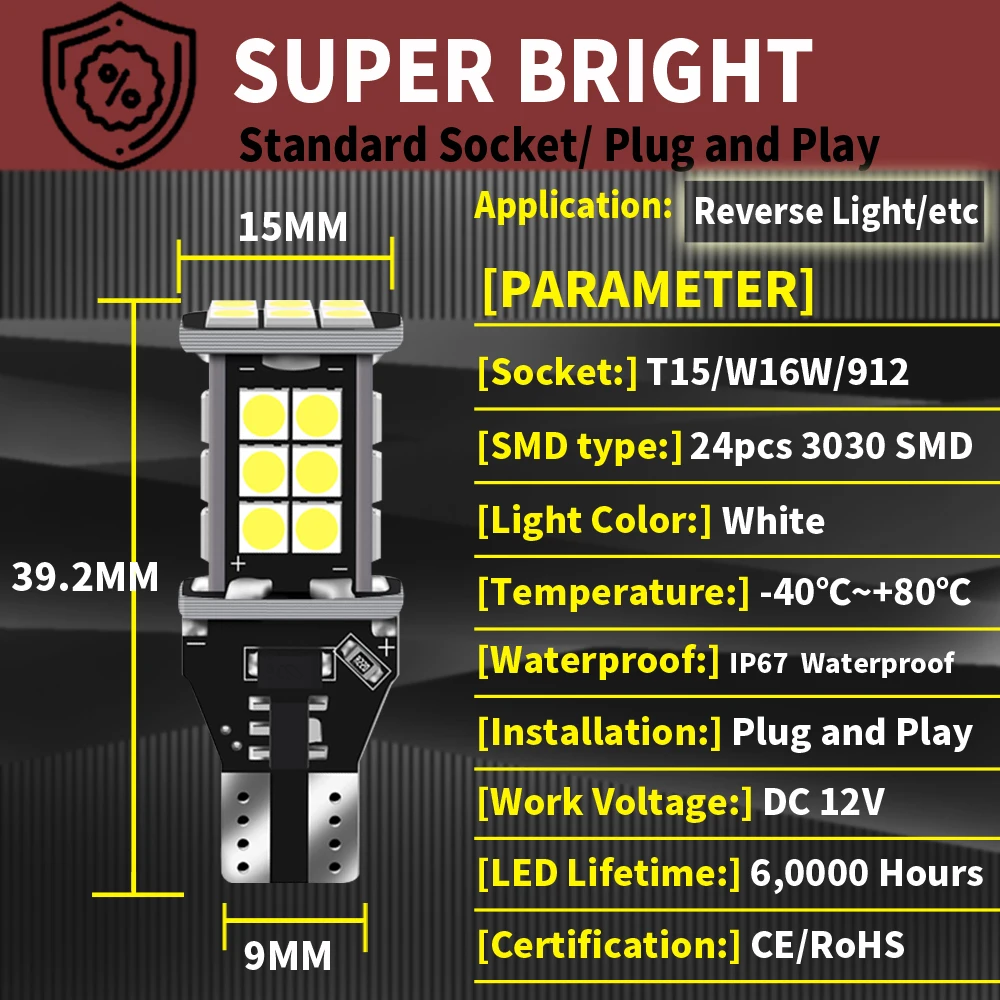 2x 6000K 3030 Led Car Reverse Light Bulb T15 W16W for Ford Focus 2 3 1 MK2 Fiesta Mondeo MK4 MK5 VW BMW Audi Toyota Hyundai Kia