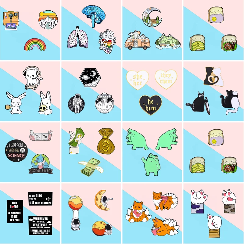 Creative Animal Plant Geometrische Emaille Pins Vlinder Astronaut Landschap Bus Rose Liefde Kat Vos Legering Badge Mode-sieraden Gift