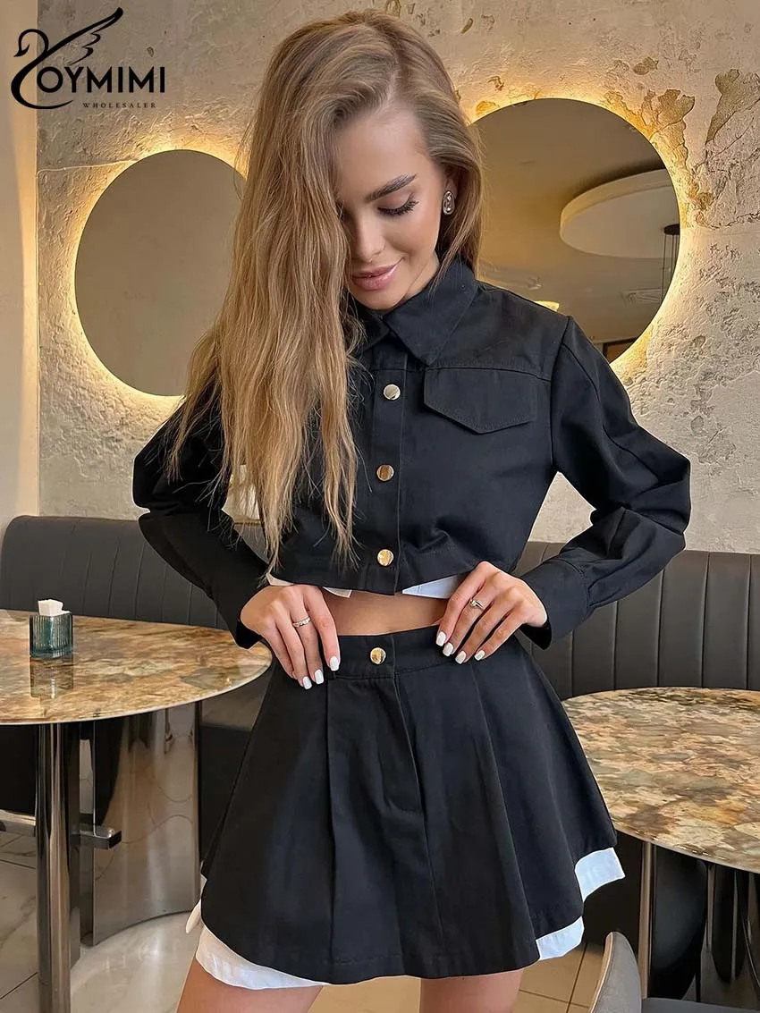 Oymimi Fashion Balck Patchwork Womens 2 Piece Outfit Set Elegant Long Sleeve Pockets Button Crop Shirt + Pleated Mini Skirts Set