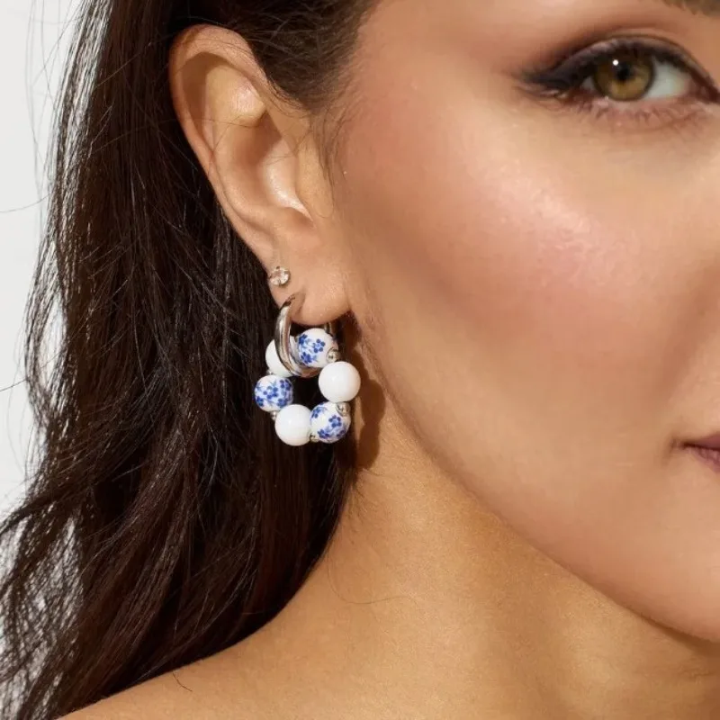 Meetvii New Chinese Style Blue White Porcelain Heart Ceramic Dangle Earrings Stainless Steel Ear Buckle Jewelry for Daily Wear