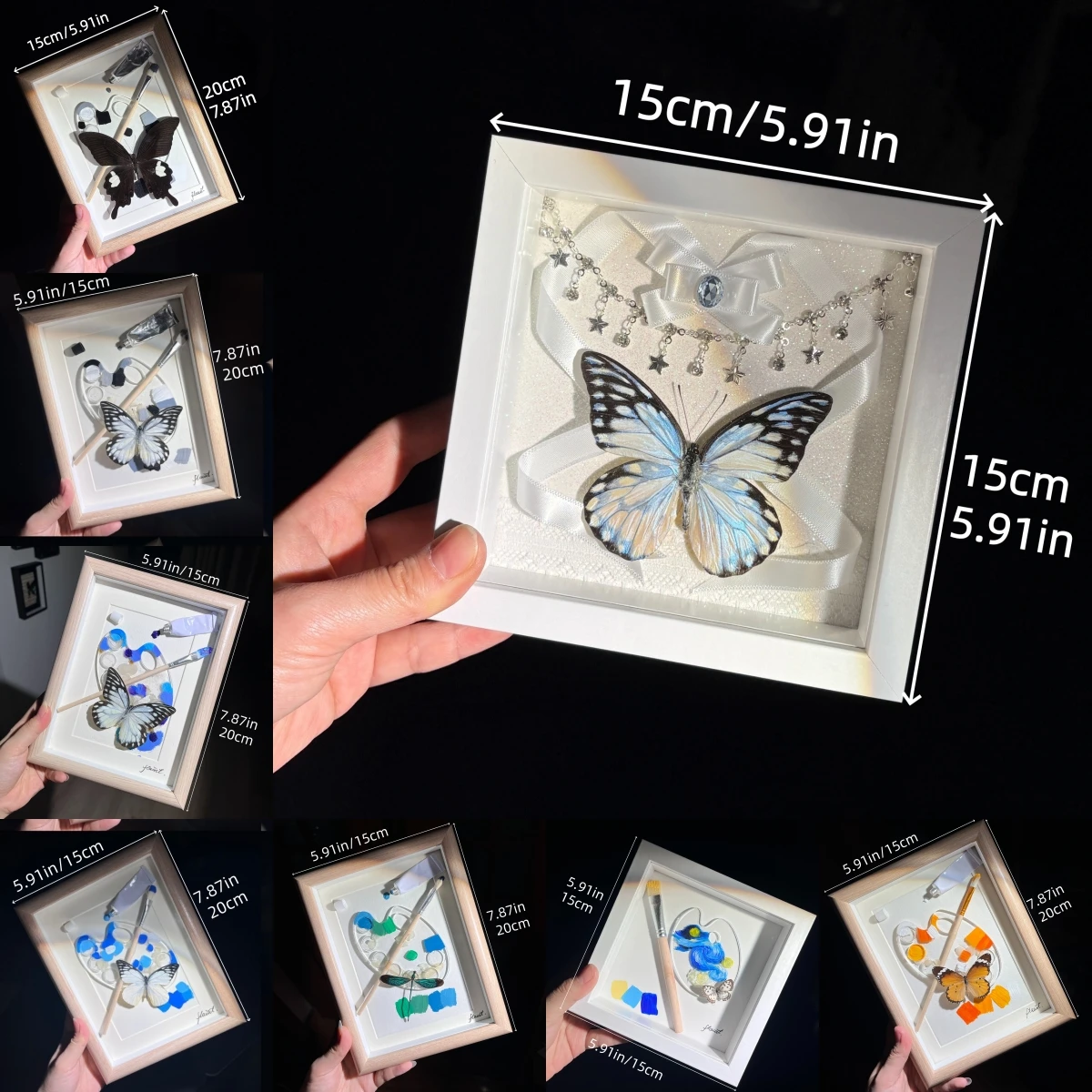

2152 Handmade White Butterfly Artwork in Frame with Bow Star Crystal Resin Craft Unique Wall Decor Ornament for Home Room Decor