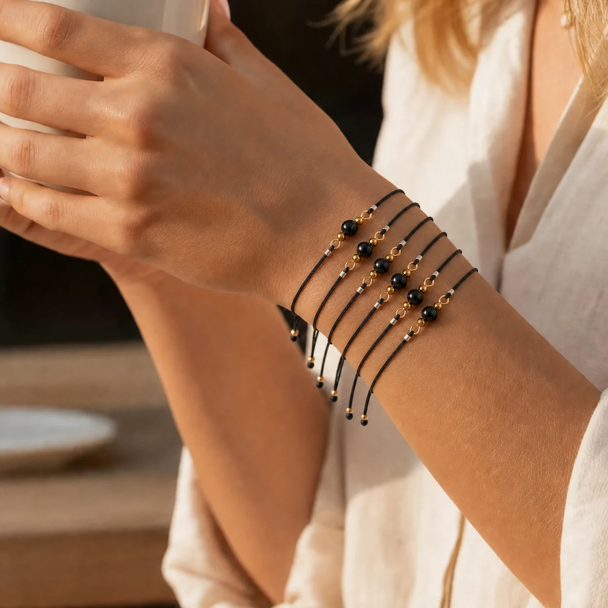6pcs Adjustable Cotton Cord Round Bead String Bracelet with Tie Closure Minimalist Wrist Bracelet for Women and Men