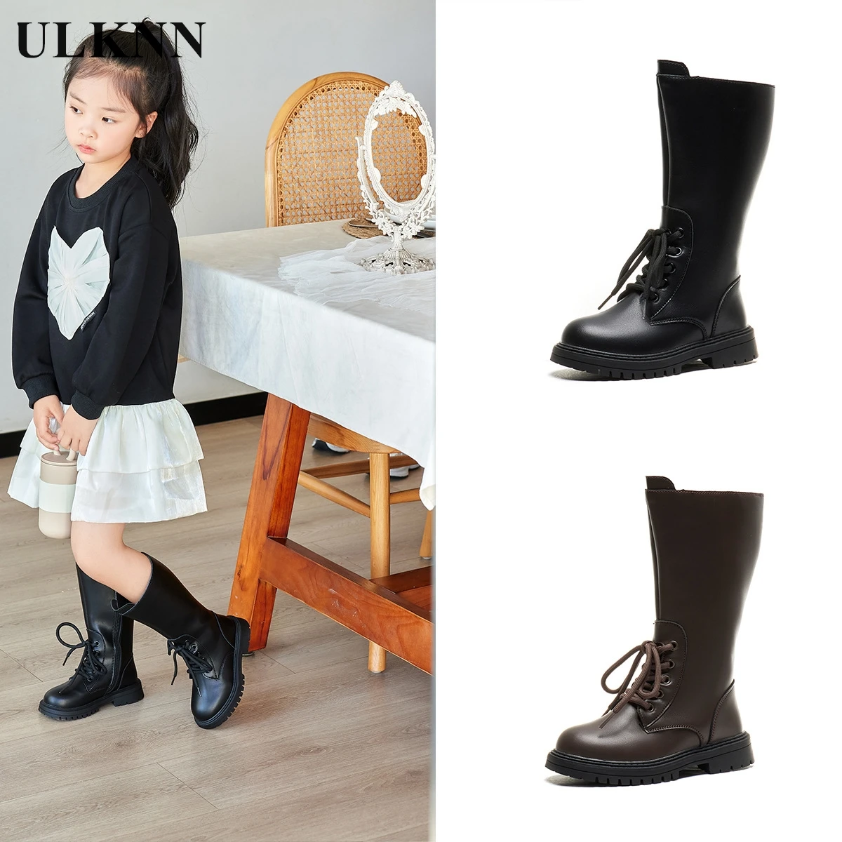 Girls' Long Boots 2024 New Fashion Children's High Boots Big Children Princess Leather Boots Kid's Brown Boots Smoke Boat