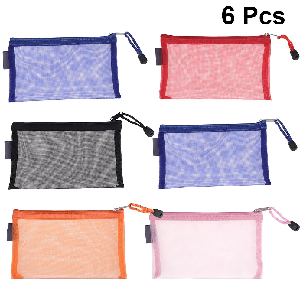 6Pcs Slim Portable Nylon Zipper Pencil Case Multipurpose Bag for School Supplies Cosmetics Travel Office Coins Cards Keys