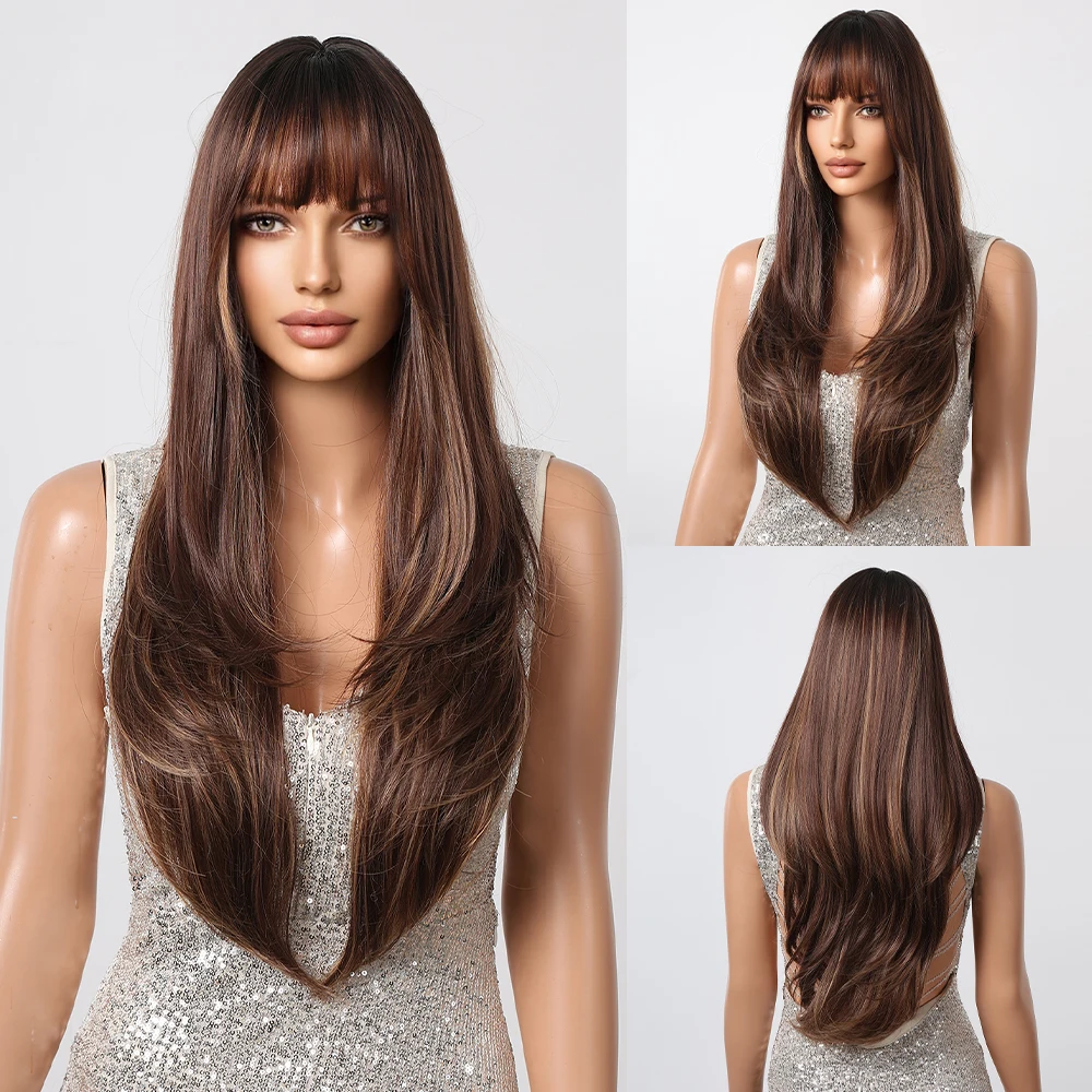 HENRY MARGU Long Layered Dark Brown Highlight Wig Synthetic Hair Wigs with Bangs Mixed Brown Women Natural Wig for Daily Party