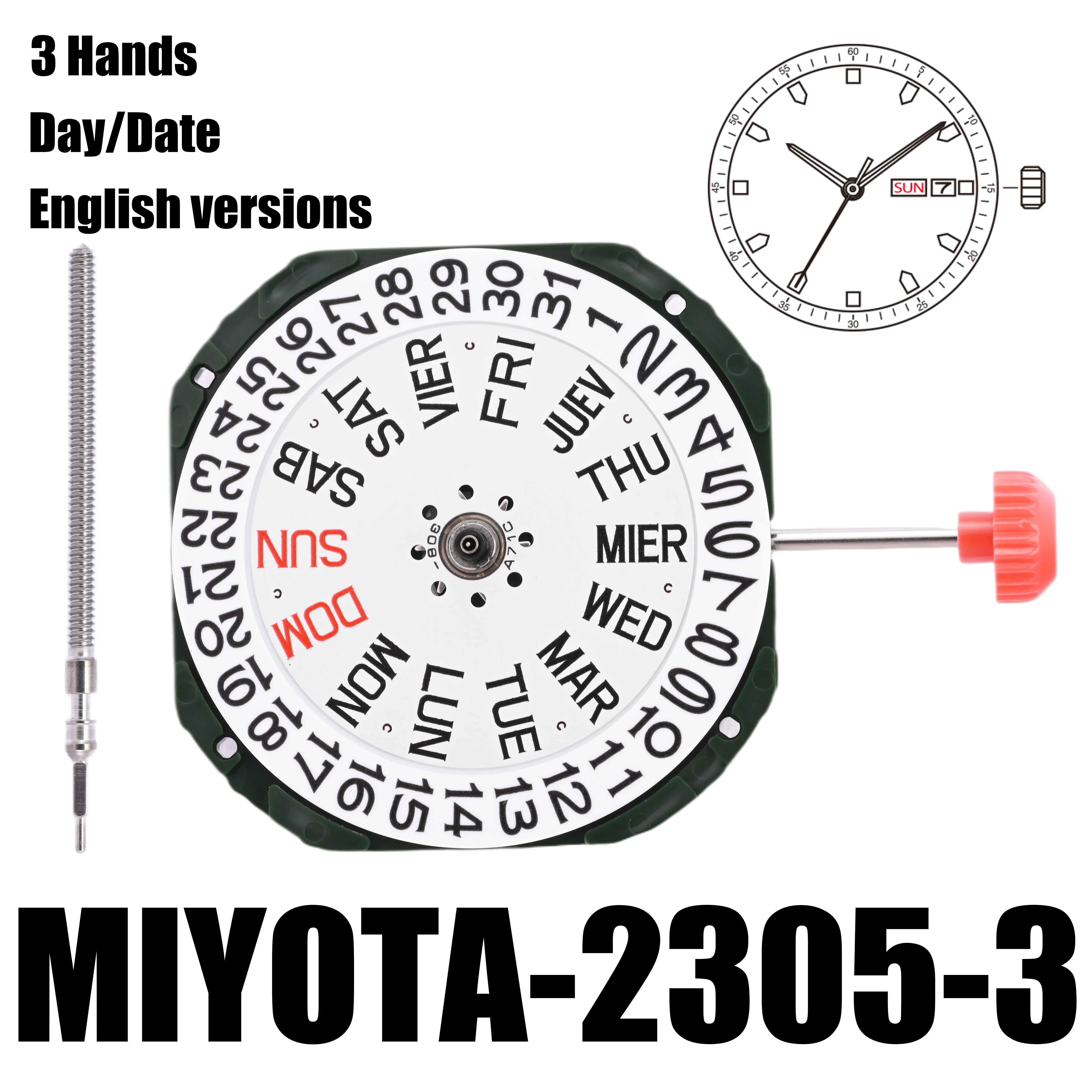 2305 Movement Miyota 2305 movement 3 Hands Day/Date  Size:11 1/2''' Heigh:4.15mm -YOUR ENGINE- Metal movemen