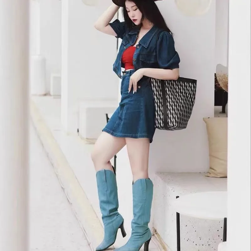 2 Sides Demin Shopping Bag Female Genuine Leather Strap Open Big Capacity Two Sizes Classical Pattern