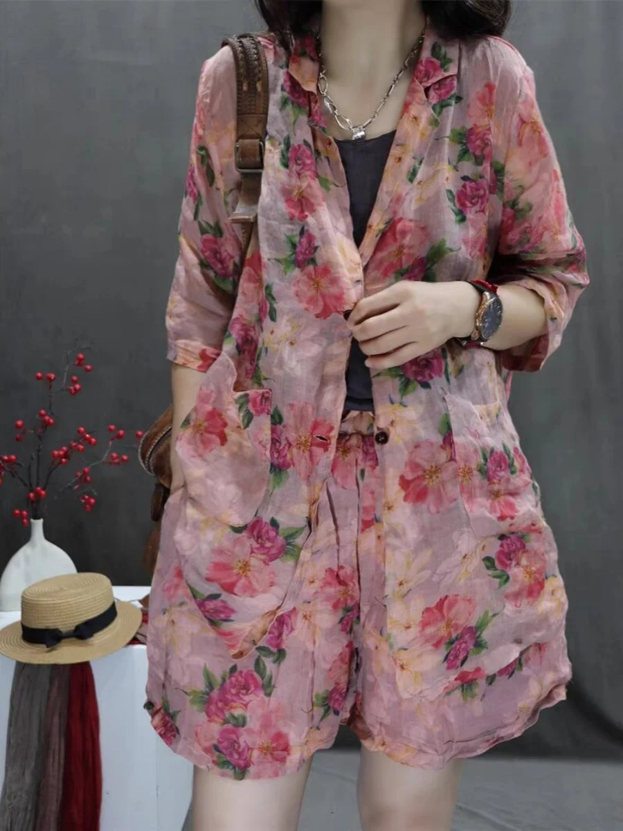 Set Linen Katun Wanita Musim Panas Baru Longgar Ringan Viscose Cetak Retro Sle Faionable Setelan Dua Potong Ele Dra