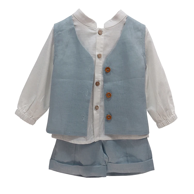 Boys Pure Linen 3Pcs Set Long-Sleeved Shirt Blue Shorts Vest Suit Retro Elegant Birthday Party Clothing Breathable Skin-Friendly
