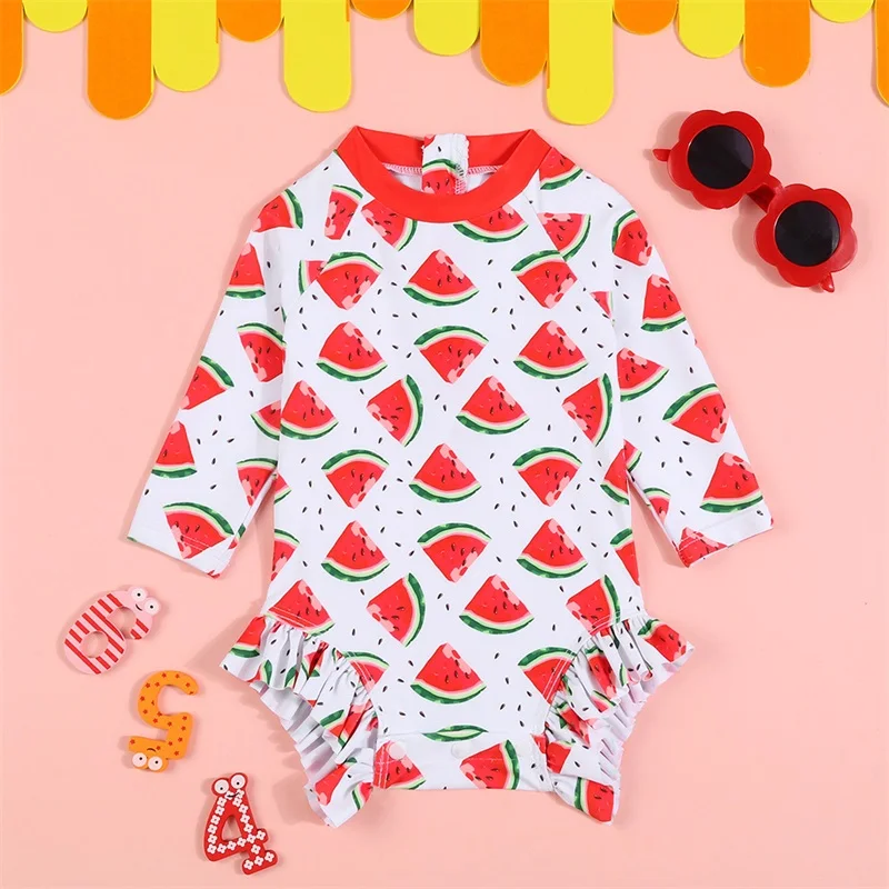 Baby Girls Rash Guard Swimsuits Watermelon Stripe Pattern Zip Up Long Sleeve Crew Neck Infant Girls Swimwears