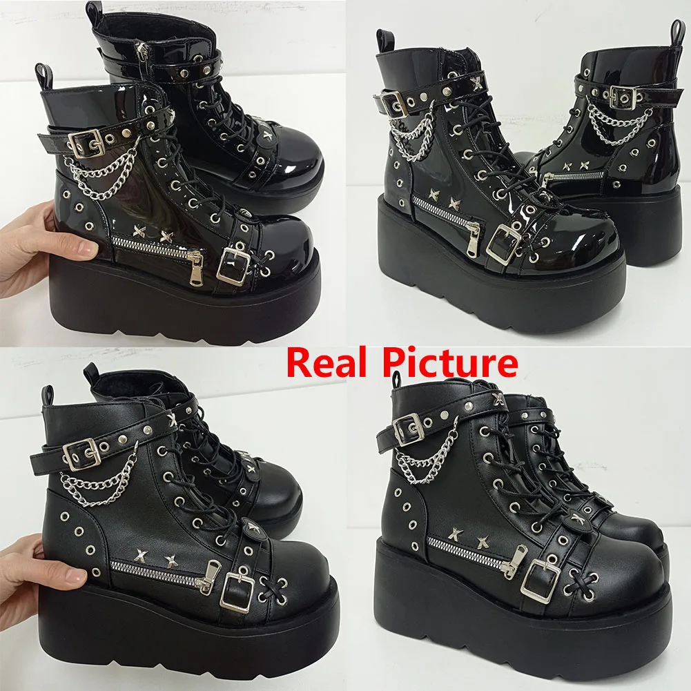 Brand New Gothic Style Platform Vampire Cosplay Women Mid-calf Boots Winter Wedges Comfy Women Motorcycle Boots Shoes