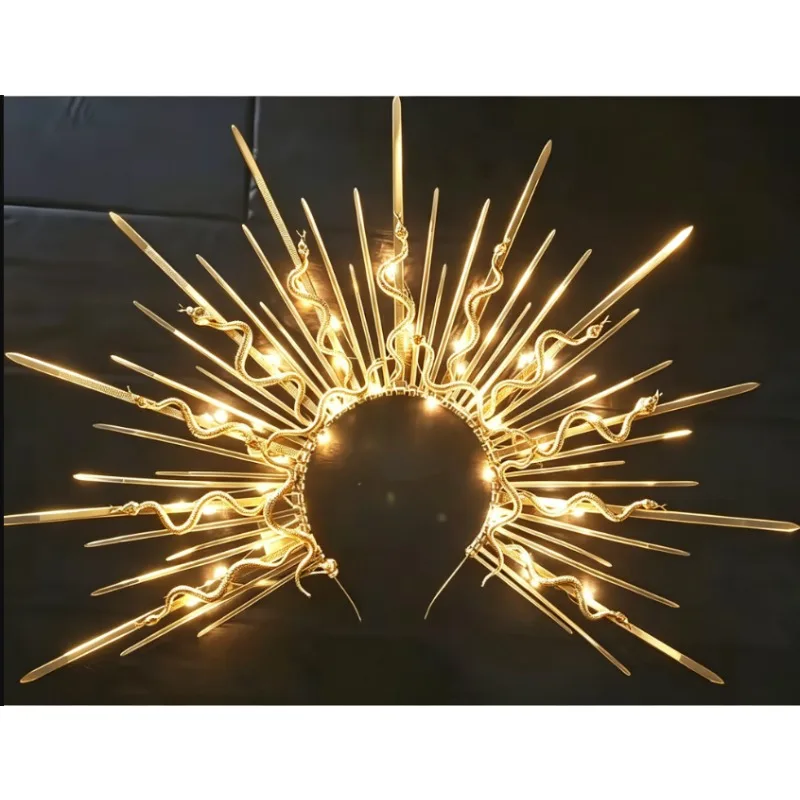 Sunburst Serpent Halo Crown, LED Glowing Snake Headpiece with Metal Spikes, Vintage Goth Headband for Runway Stage Performance