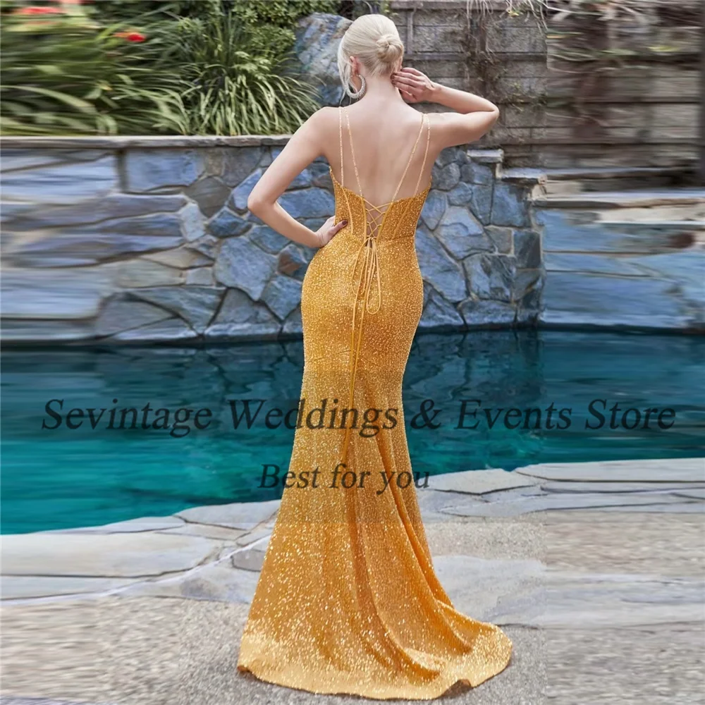 Sevintage-vestido de noche de sirena con lentejuelas brillantes, traje elegante con tirantes finos, Espalda descubierta, largo hasta el suelo, moda para ocasiones de graduación, 2024